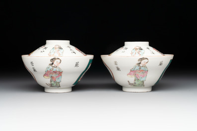 A pair of Chinese famille rose 'Wu Shuang Pu' covered cups and saucers, Tongzhi mark, 19/20th C.