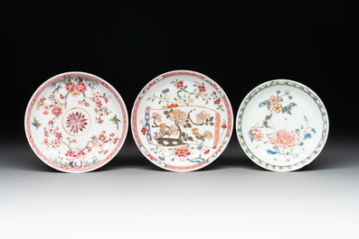 Seven Chinese famille rose cups and saucers, Yongzheng/Qianlong