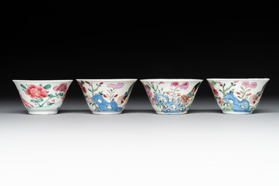 Seven Chinese famille rose cups and saucers, Yongzheng/Qianlong