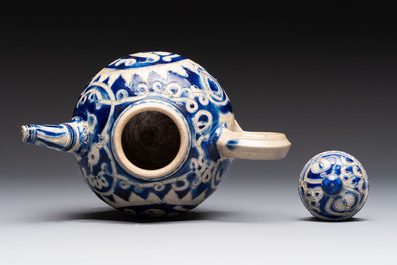 An unusual Westerwald stoneware teapot and cover, Germany, 17th C.