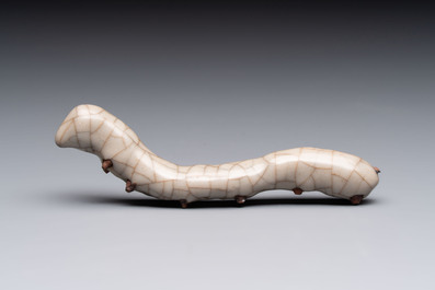 A rare Chinese ge-type model of a silkworm on wooden stand, 18th C.
