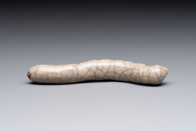 A rare Chinese ge-type model of a silkworm on wooden stand, 18th C.