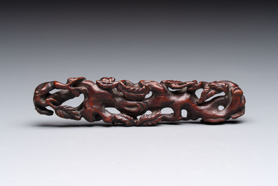 A rare Chinese ge-type model of a silkworm on wooden stand, 18th C.