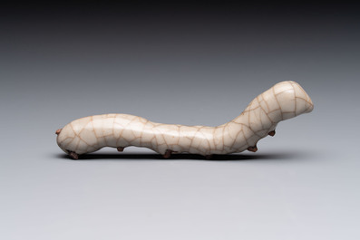 A rare Chinese ge-type model of a silkworm on wooden stand, 18th C.