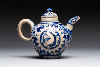 An unusual Westerwald stoneware teapot and cover, Germany, 17th C.