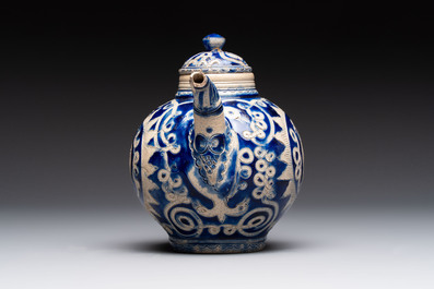 An unusual Westerwald stoneware teapot and cover, Germany, 17th C.
