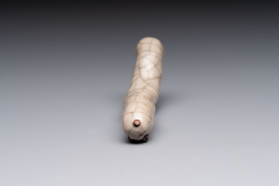 A rare Chinese ge-type model of a silkworm on wooden stand, 18th C.
