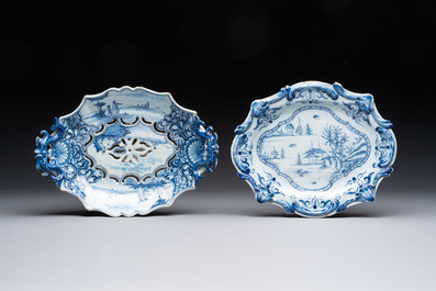 A blue and white Dutch Delft strainer and stand, 18th C.