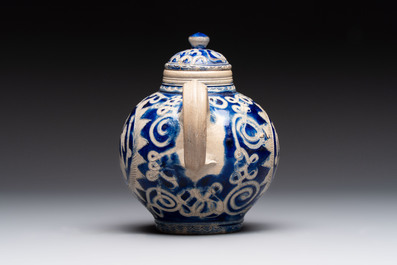 An unusual Westerwald stoneware teapot and cover, Germany, 17th C.