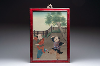 Three Chinese reverse glass paintings, 19/20th C.