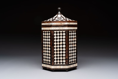 An Ottoman bone and horn-inlaid octagonal wooden casket, 19th C.