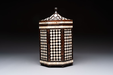 An Ottoman bone and horn-inlaid octagonal wooden casket, 19th C.