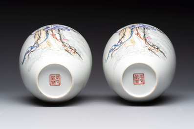 A pair of Chinese famille rose vases with two goddesses, Xi Ping Cao Lu 希平草廬 mark, Republic