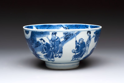 A Chinese blue and white 'Ba Xian Zhu Shou 八仙祝壽'  bowl, Shen De Tang Bo Gu Zhi 慎德堂博古製 mark, Kangxi