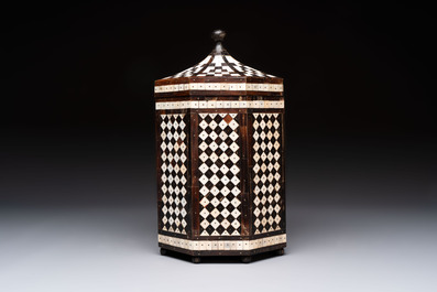 An Ottoman bone and horn-inlaid octagonal wooden casket, 19th C.