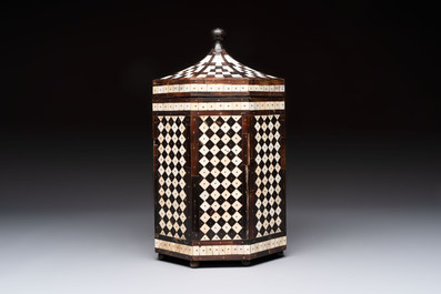 An Ottoman bone and horn-inlaid octagonal wooden casket, 19th C.
