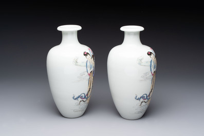 A pair of Chinese famille rose vases with two goddesses, Xi Ping Cao Lu 希平草廬 mark, Republic