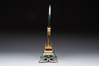 A fine Chinese spinach-green jade table screen with a gilt-cloisonn&eacute; stand, Qianlong