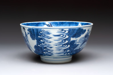 A Chinese blue and white 'Ba Xian Zhu Shou 八仙祝壽'  bowl, Shen De Tang Bo Gu Zhi 慎德堂博古製 mark, Kangxi