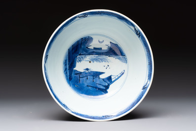 A Chinese blue and white 'Ba Xian Zhu Shou 八仙祝壽'  bowl, Shen De Tang Bo Gu Zhi 慎德堂博古製 mark, Kangxi