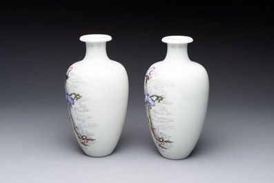 A pair of Chinese famille rose vases with two goddesses, Xi Ping Cao Lu 希平草廬 mark, Republic