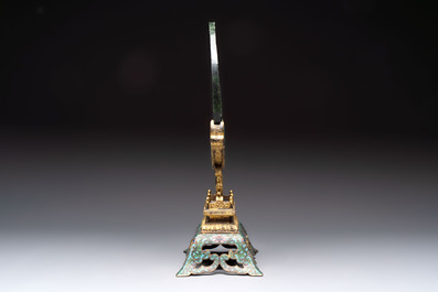A fine Chinese spinach-green jade table screen with a gilt-cloisonn&eacute; stand, Qianlong