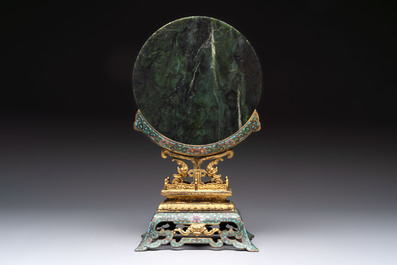 A fine Chinese spinach-green jade table screen with a gilt-cloisonn&eacute; stand, Qianlong
