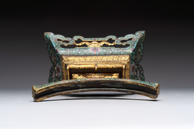 A fine Chinese spinach-green jade table screen with a gilt-cloisonn&eacute; stand, Qianlong
