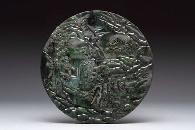 A fine Chinese spinach-green jade table screen with a gilt-cloisonn&eacute; stand, Qianlong