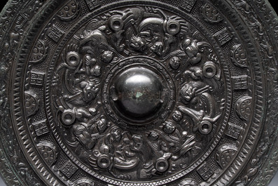 A Chinese finely cast 'immortals' bronze mirror, Wu Zuo Ming Jing 吾作明鏡 mark, Eastern Han