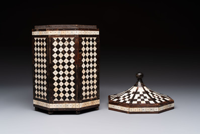 An Ottoman bone and horn-inlaid octagonal wooden casket, 19th C.
