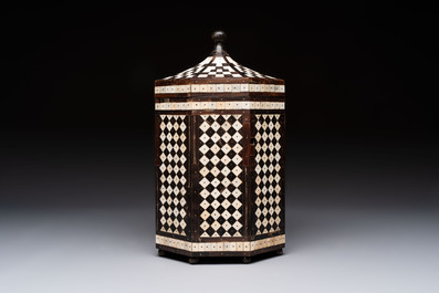 An Ottoman bone and horn-inlaid octagonal wooden casket, 19th C.