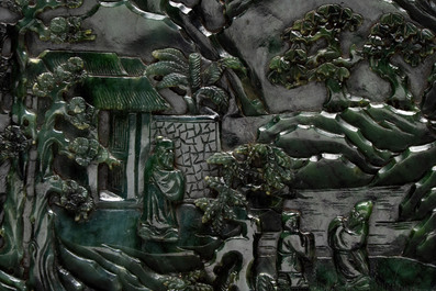 A fine Chinese spinach-green jade table screen with a gilt-cloisonn&eacute; stand, Qianlong