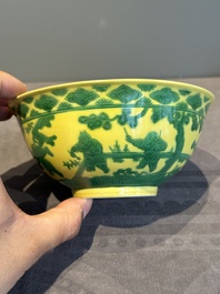 An imperial Chinese green-enamelled yellow-ground 'playing boys' bowl, Yongzheng mark and of the period