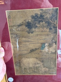 After Tang Yin 唐寅 (1470&mdash;1523): 'Buffalo and sage', ink and colour on silk, signed Liuru Jushi 六如居士, 18/19th C.