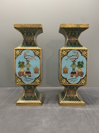 A pair of fine Chinese cloisonn&eacute; square 'gu' vases with antiquities, 19/20th C.
