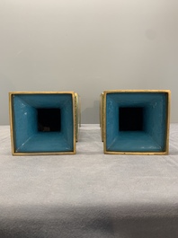 A pair of fine Chinese cloisonn&eacute; square 'gu' vases with antiquities, 19/20th C.