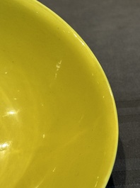 An imperial Chinese green-enamelled yellow-ground 'playing boys' bowl, Yongzheng mark and of the period