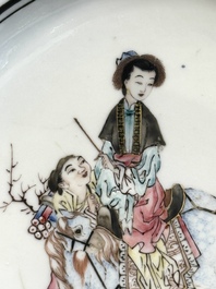 A Chinese famille rose semi-eggshell plate with a lady on horseback and attendants, Yongzheng