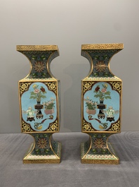 A pair of fine Chinese cloisonn&eacute; square 'gu' vases with antiquities, 19/20th C.