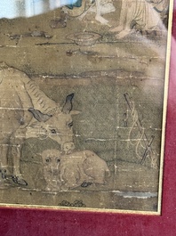 After Tang Yin 唐寅 (1470&mdash;1523): 'Buffalo and sage', ink and colour on silk, signed Liuru Jushi 六如居士, 18/19th C.