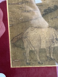 After Tang Yin 唐寅 (1470&mdash;1523): 'Buffalo and sage', ink and colour on silk, signed Liuru Jushi 六如居士, 18/19th C.