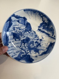 A Chinese blue and white 'Yu Ma Tu 浴馬圖' plate, Kangxi mark and of the period