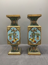 A pair of fine Chinese cloisonn&eacute; square 'gu' vases with antiquities, 19/20th C.