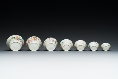 A set of seven Chinese famille rose nesting bowls with narrative design, Daoguang