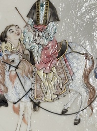 A Chinese famille rose semi-eggshell plate with a lady on horseback and attendants, Yongzheng