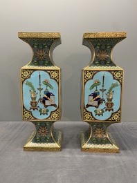 A pair of fine Chinese cloisonn&eacute; square 'gu' vases with antiquities, 19/20th C.
