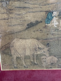 After Tang Yin 唐寅 (1470&mdash;1523): 'Buffalo and sage', ink and colour on silk, signed Liuru Jushi 六如居士, 18/19th C.