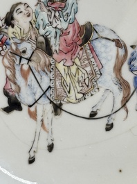 A Chinese famille rose semi-eggshell plate with a lady on horseback and attendants, Yongzheng