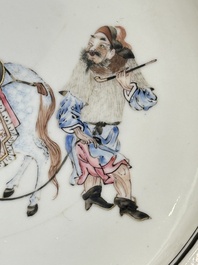 A Chinese famille rose semi-eggshell plate with a lady on horseback and attendants, Yongzheng